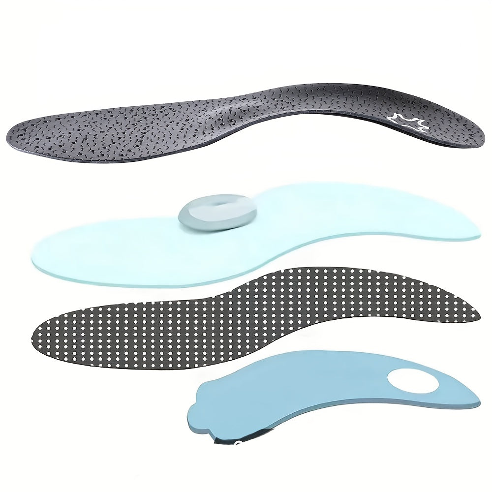 Exploded view of the insole's separate layers: textured black top, pale blue cushioning layer with heel pad, dotted foam layer and arch shell. 5