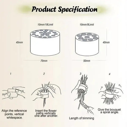 Specification diagram of the large and small round inserts with their dimensions, plus four illustrated steps showing how to arrange stems. 6