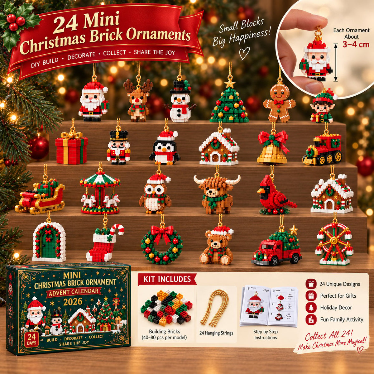 All 24 brick ornament designs displayed on wooden tiers, with a size-in-fingers inset and the kit contents of bricks, hanging strings and instruction booklet. 5