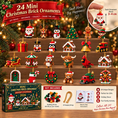 All 24 brick ornament designs displayed on wooden tiers, with a size-in-fingers inset and the kit contents of bricks, hanging strings and instruction booklet. 5
