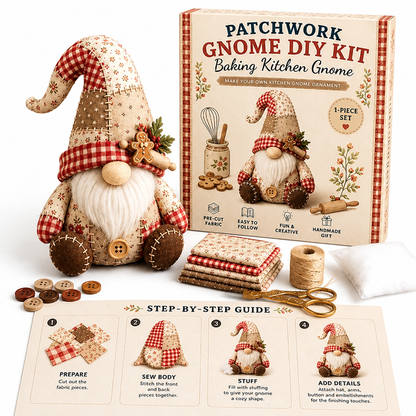 Red and cream baking kitchen gnome with a gingerbread charm, shown with its kit box and contents 7
