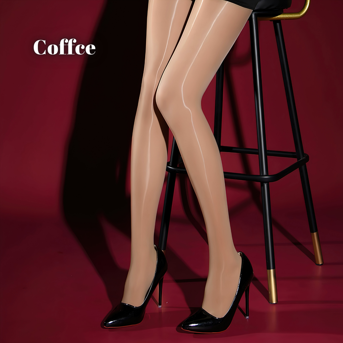 Coffee-brown version worn by a model on a bar stool with black patent heels, showing a glossy sheen down the legs. 8