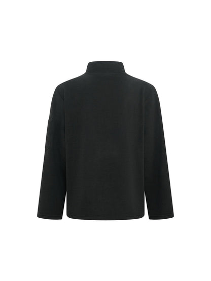 Back view of the black fleece jacket, plain back with stand collar and a sleeve pocket on the left arm. 11