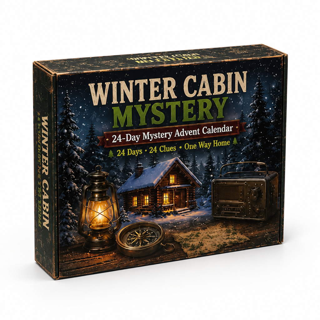 Winter cabin box with a snowy log cabin among pines, a glowing lantern, a compass and a vintage radio on the front. 10