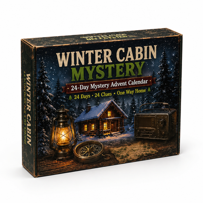 Winter cabin box with a snowy log cabin among pines, a glowing lantern, a compass and a vintage radio on the front. 10