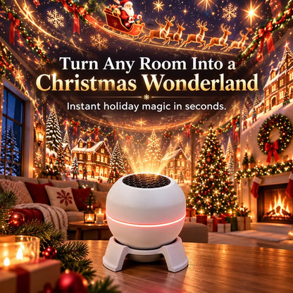 White spherical projector on a wooden table casting a Santa sleigh and village scene across a living room 2