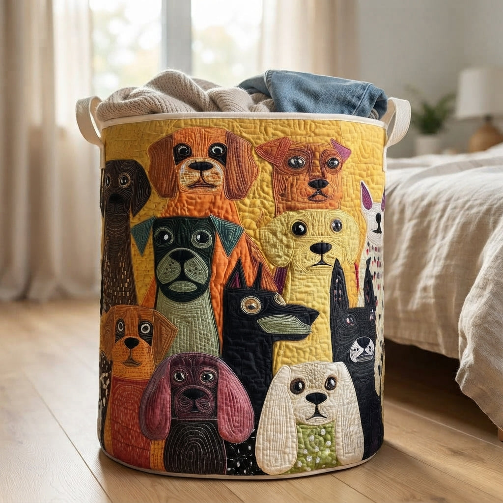 Dog-patterned basket standing on a wooden floor beside a bed, with a knitted jumper and jeans spilling over the top. 5