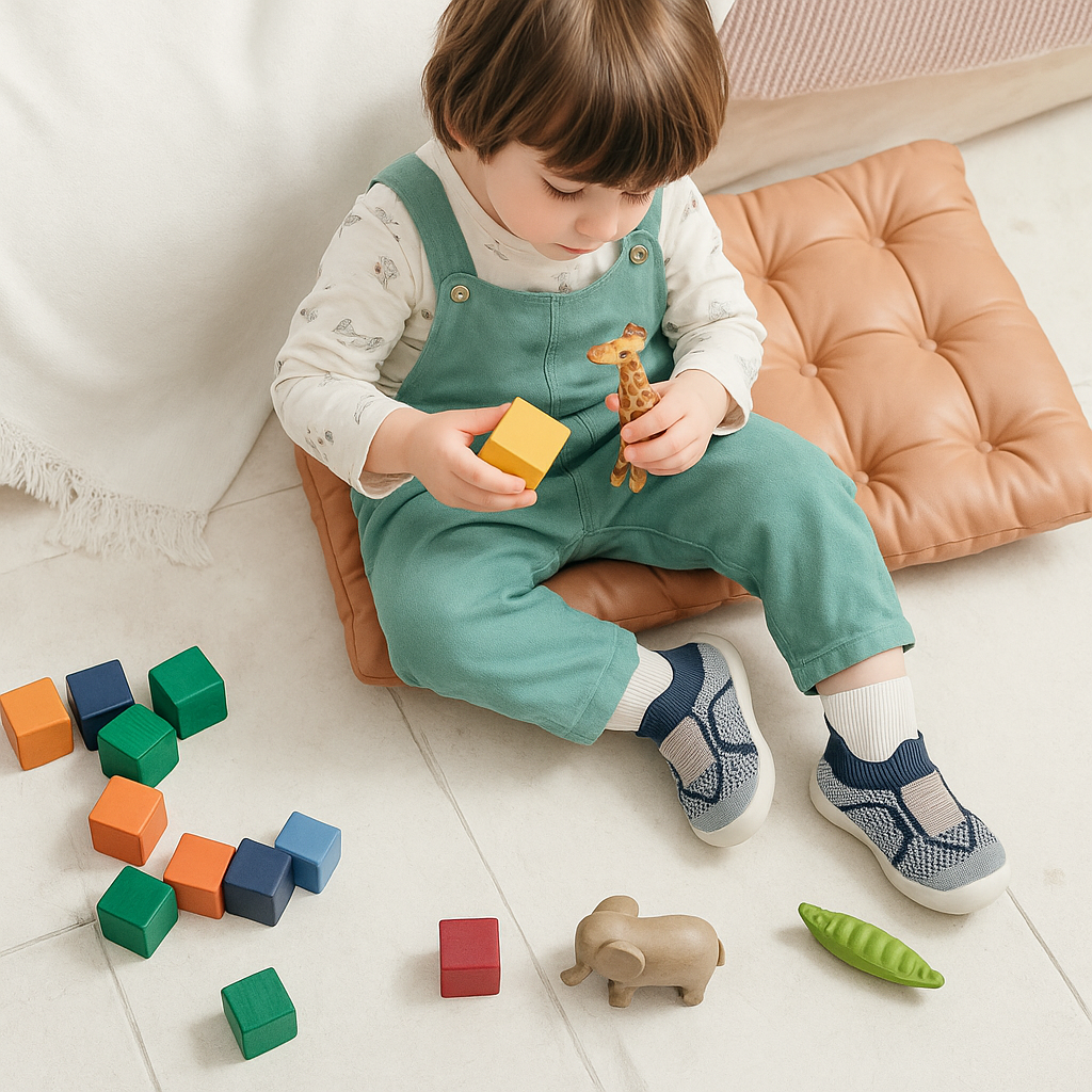 Toddler in green dungarees sits on a cushion playing with wooden blocks and animals, wearing navy and grey knit slip-on shoes. 1