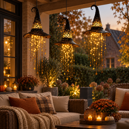 Three lit witch hats with star strings hang over a covered patio with wicker sofa, cushions, throws and autumn flowers. 6