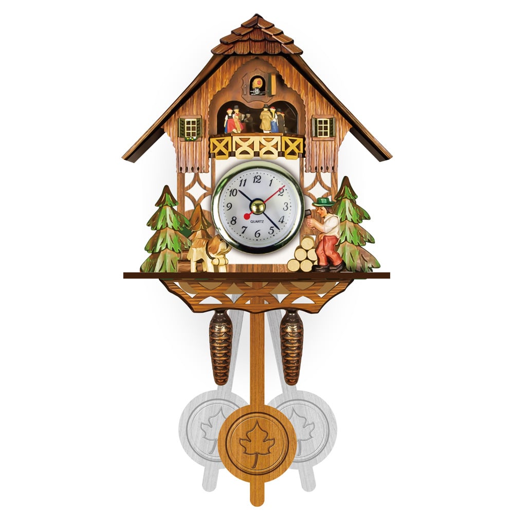 Compact chalet wall clock with a woodcutter beside a log pile, a dog, fir trees and a swinging maple-leaf pendulum. 3