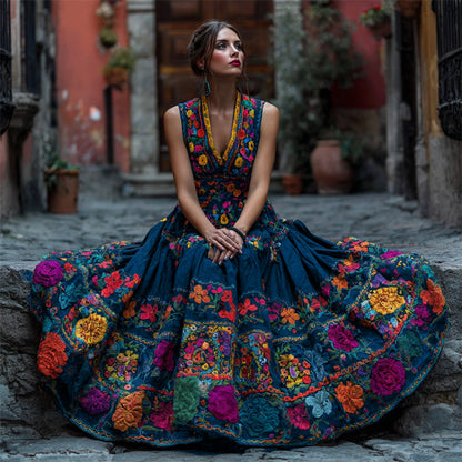 Model seated on a stone ledge wearing the dress in deep navy blue, with bright floral embroidery on the bodice and wide skirt. 2