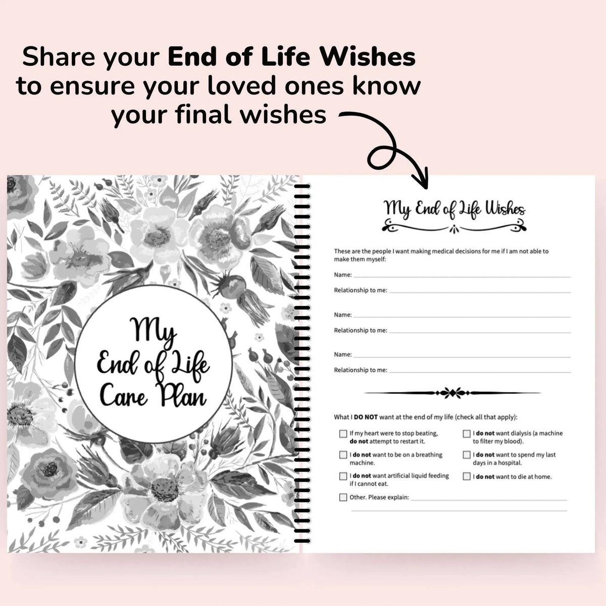 Open planner with a floral care plan divider beside a printed wishes page with name lines and checkboxes for medical care preferences. 7