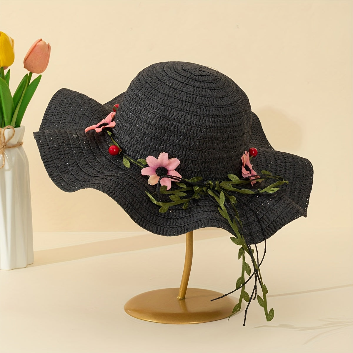 Ladies' summer straw hat with flower and fruit details – Solène