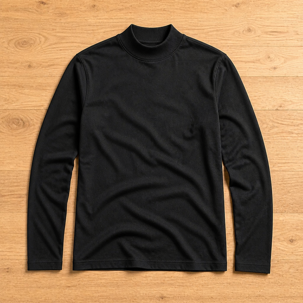 Black long sleeve top with ribbed high collar laid flat on a wooden floor. 7