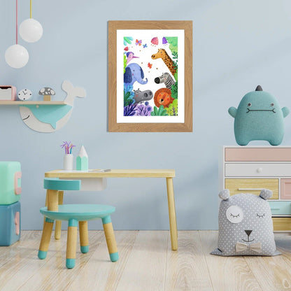 Oak-effect frame hanging on a blue nursery wall, holding a colourful illustration of jungle animals. 14