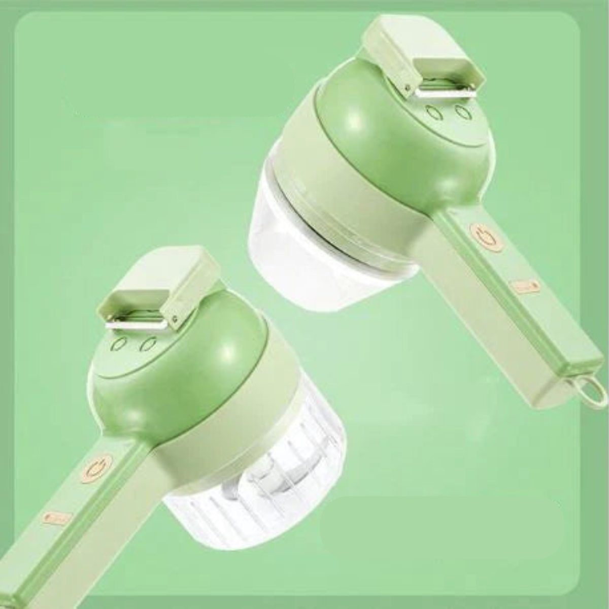 Two green units shown at an angle, one with its clear chopping bowl and one with the peeler blade attached 5