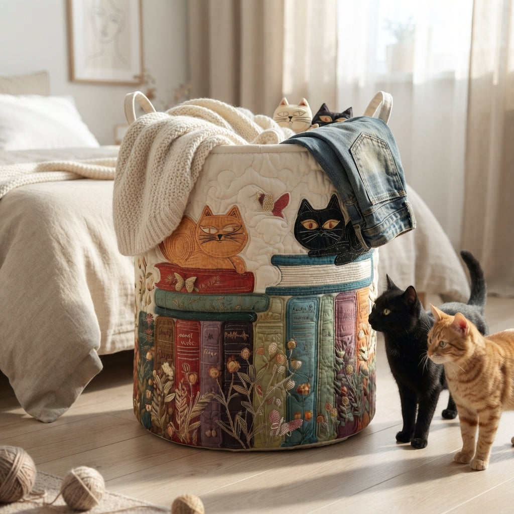 Basket beside a bed, holding a knitted blanket and jeans, while a black cat and a ginger cat sniff around it. 5