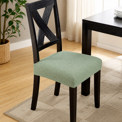 Single dark cross-back chair fitted with a sage green textured seat cover, standing beside a dark table on a rug. 7