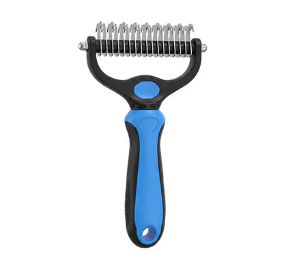 Blue and black rake viewed from the curved-blade side, showing the hooked stainless steel teeth and looped handle end. 18