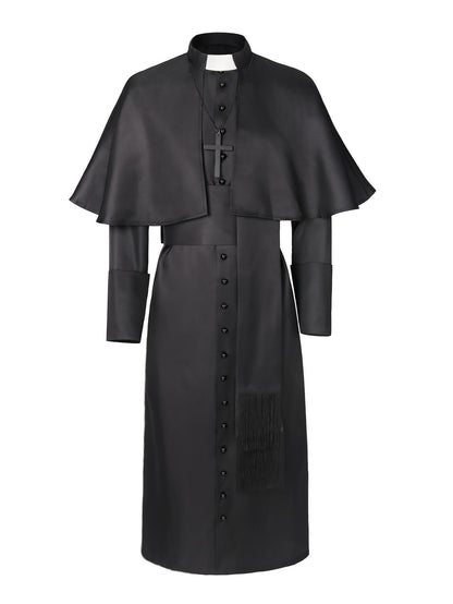 Front view of the black buttoned robe with cape, white clerical collar, cross pendant and tasselled sash 3