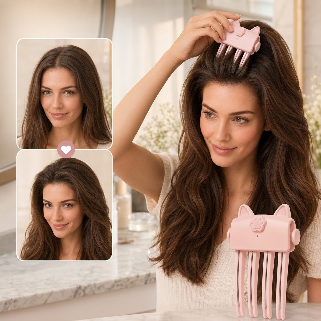 Woman with long brown hair lifts her roots with the pink styler, with before-and-after inset photos 2