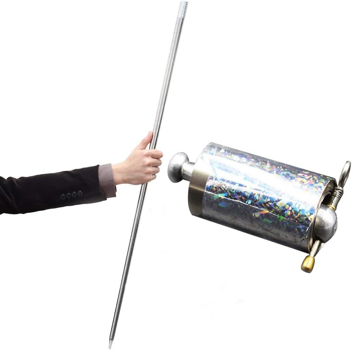 Fully extended silver wand held in a hand beside the holographic-wrapped cylinder it collapses into 2