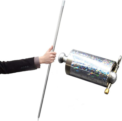 Fully extended silver wand held in a hand beside the holographic-wrapped cylinder it collapses into 2