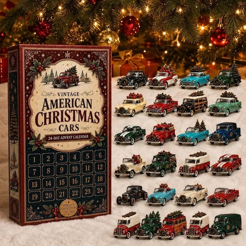 Tall Christmas-themed box beside 24 miniature vintage cars carrying trees, wreaths and presents 9