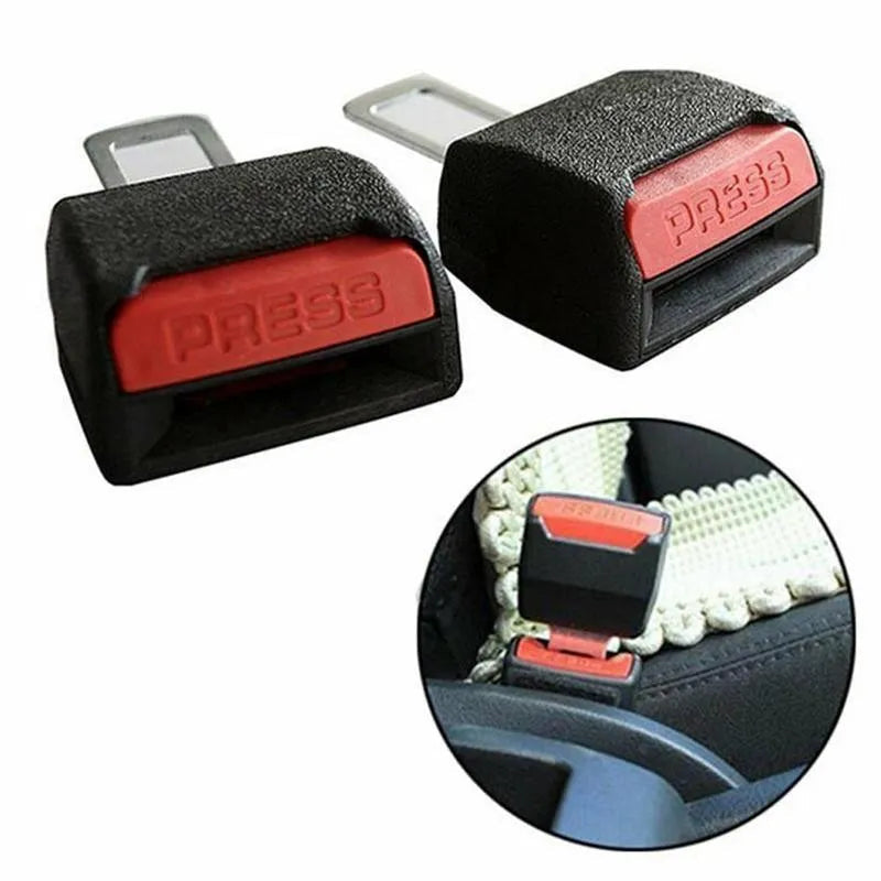 Pair of black inserts with red release buttons beside a close-up of one fitted into a seat buckle 7