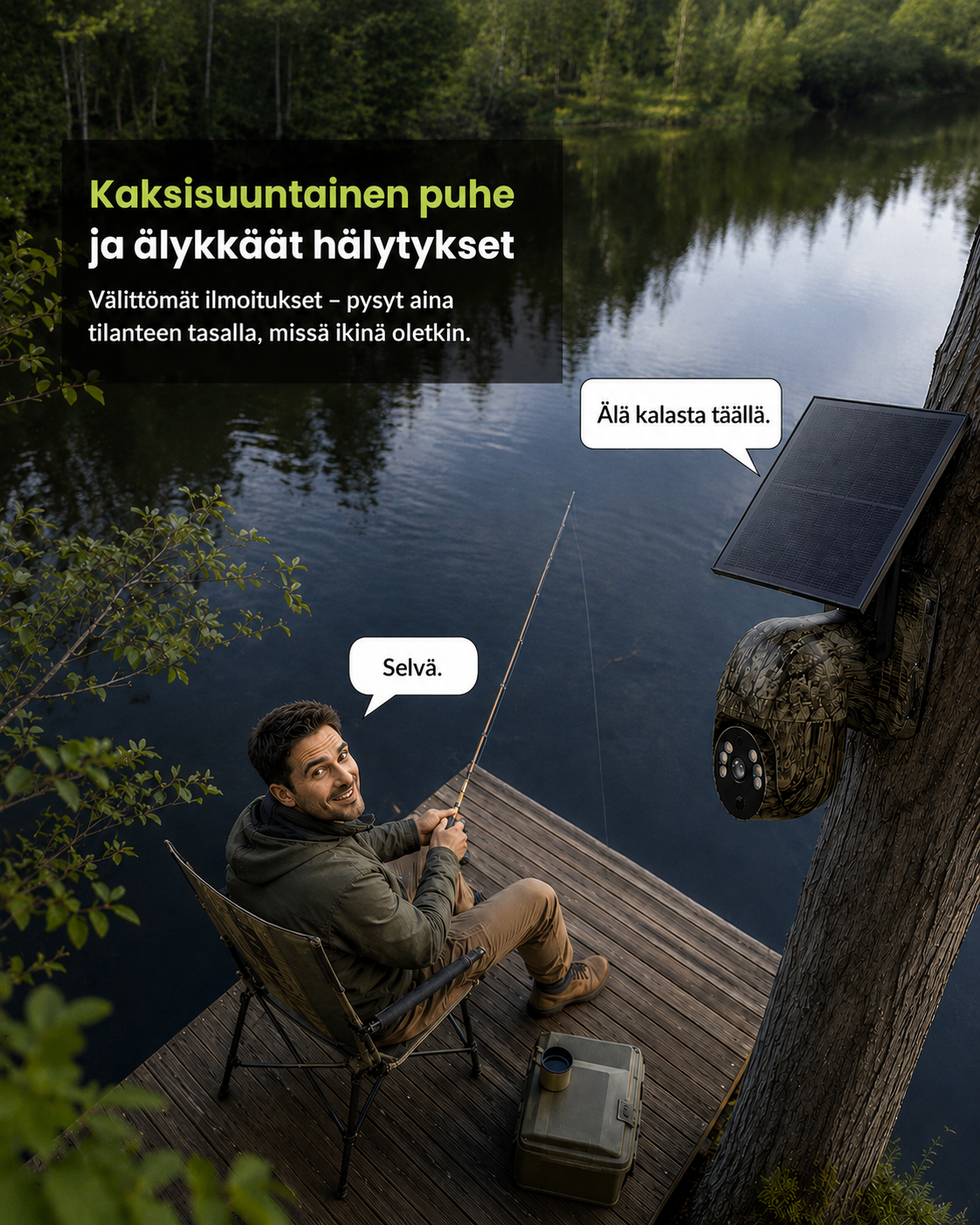 Man fishing on a lakeside jetty talking through the camera mounted on a tree, with speech bubbles showing two-way audio. 5