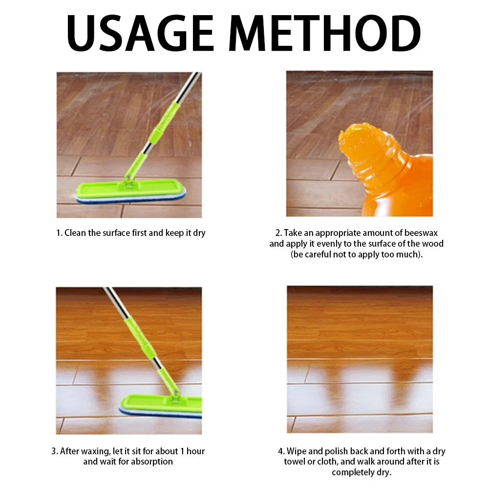 Four-step usage guide showing a mop on a wooden floor and wax being applied, then polished 6