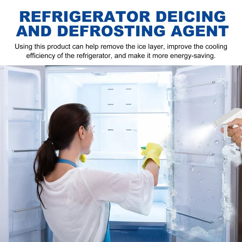 Woman in yellow rubber gloves spraying and wiping the inside of an empty open fridge 6