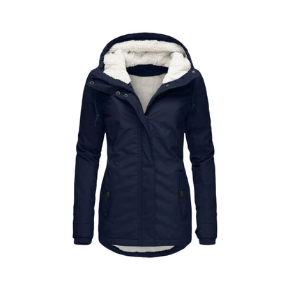 Navy jacket flat from the front, partly unzipped to show the cream fleece lining inside the hood and body 6