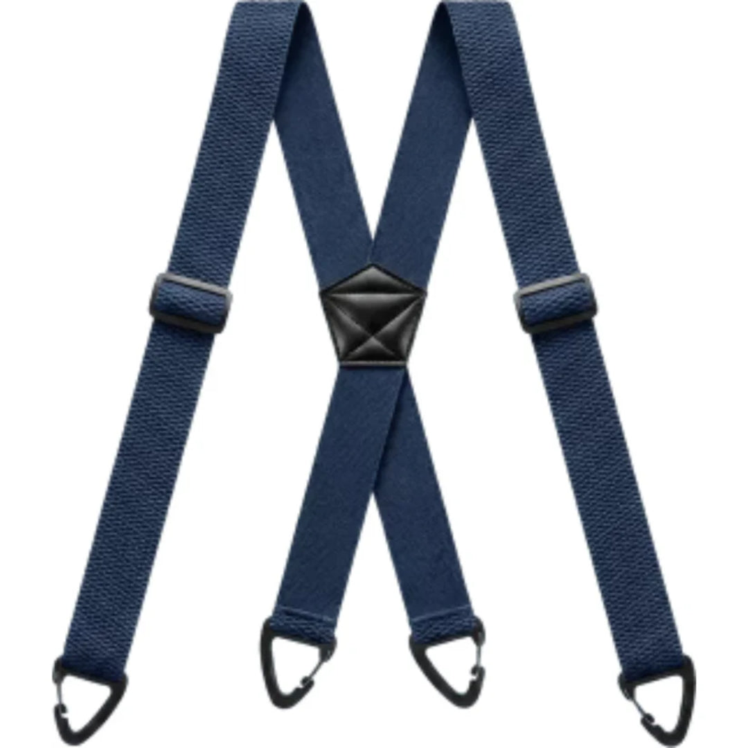 Navy blue X-back braces laid flat, with black adjusters, centre patch and four clips 5