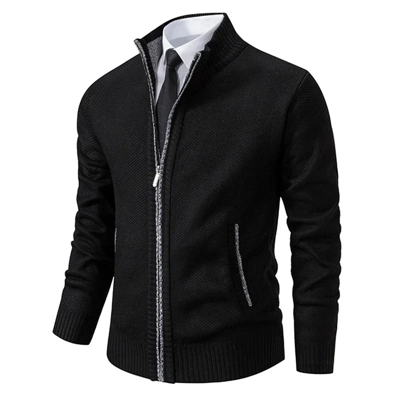 Black zip cardigan at an angle with contrasting grey trim along the zip and pockets 6