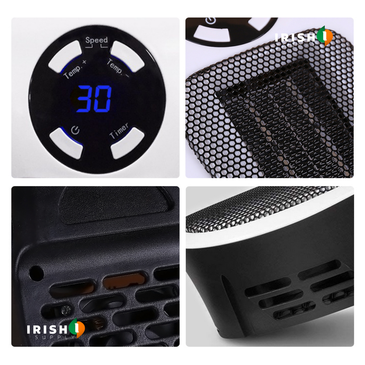 Four close-up details: the round control panel, the mesh grille, and the rear and side vents 6