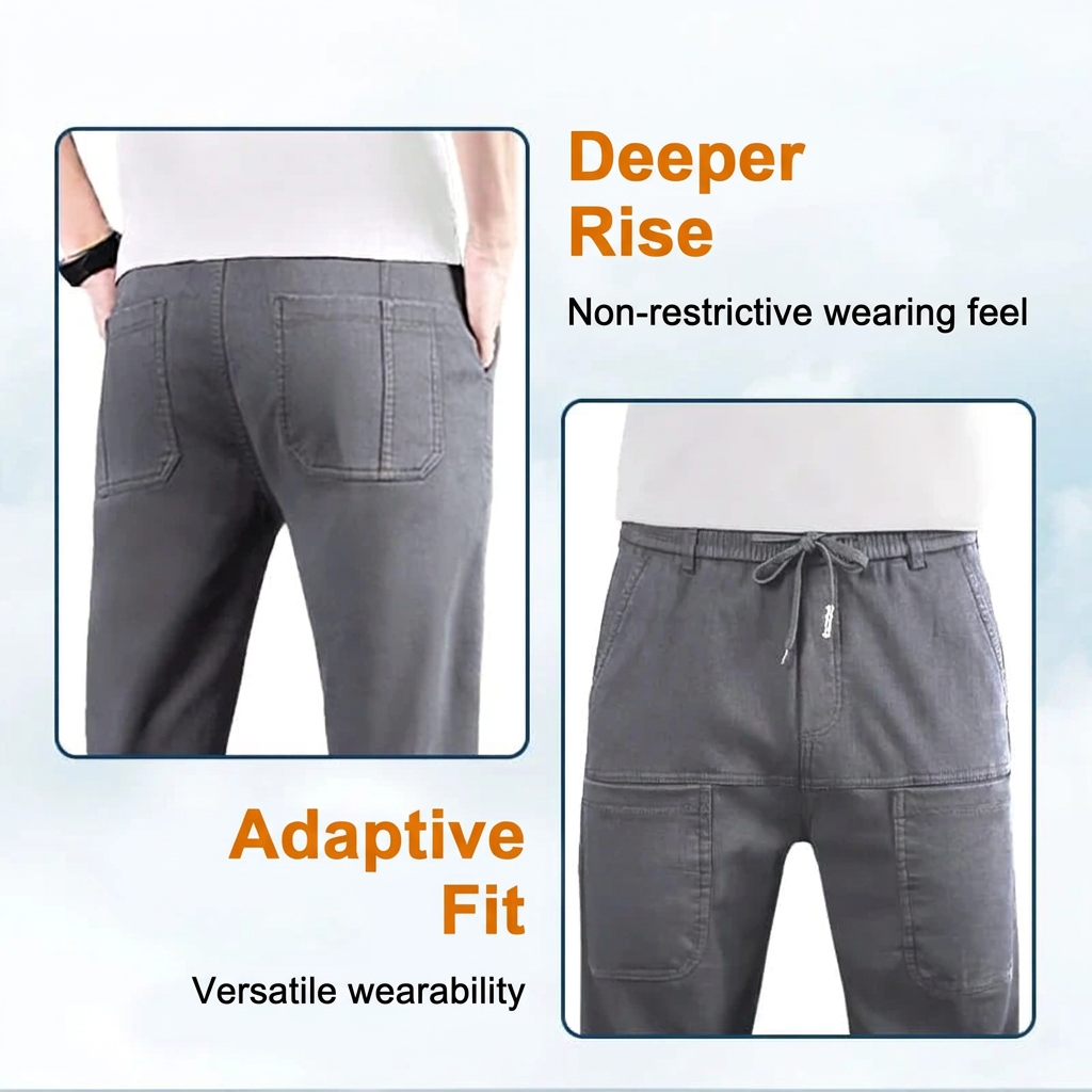 Grey trousers shown in two close-ups: the back pockets and the drawstring waistband with front pockets 16