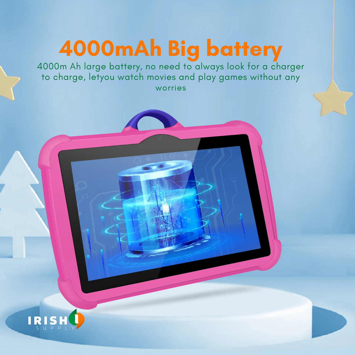 Pink tablet on a podium showing a glowing battery graphic, illustrating long battery life 5