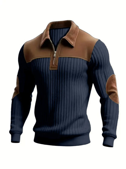 Navy blue ribbed zip jumper with brown contrast collar, yoke and elbow patches, shown on its own 6
