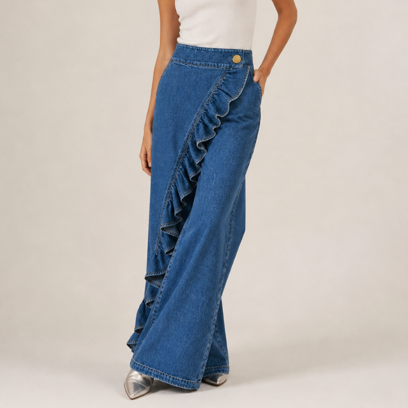 Women's Wide Denim Pants with Asymmetric Ruffle, Culotte Style 5