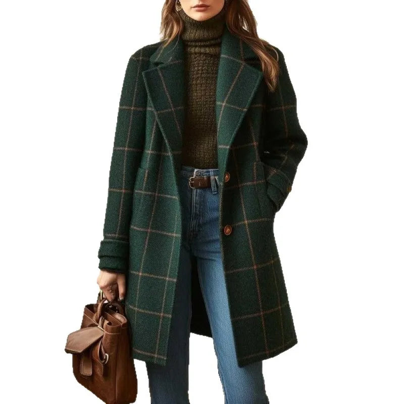Dark green checked coat worn open over a polo neck and jeans, against a plain white background 6