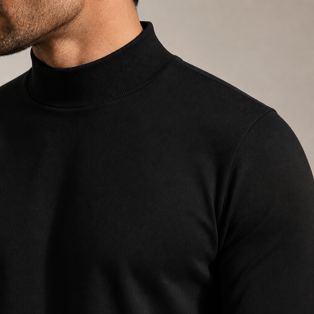Close-up of a model's neck and shoulder showing the ribbed high collar and fitted sleeve of the black top. 6