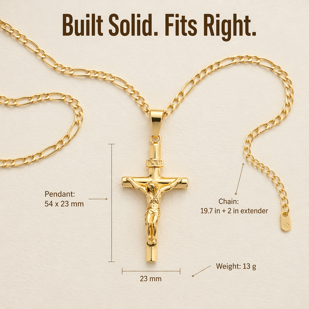 Flat lay of the gold crucifix and Figaro chain with extender, annotated with pendant, chain and weight dimensions 6