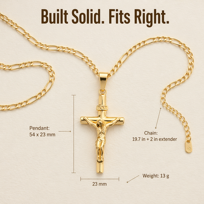 Flat lay of the gold crucifix and Figaro chain with extender, annotated with pendant, chain and weight dimensions 6