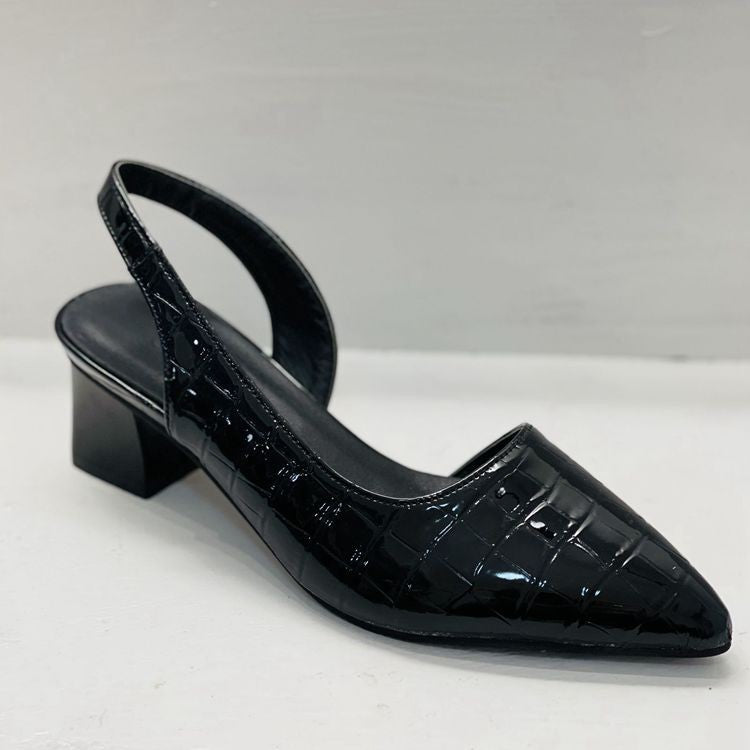 Black glossy croc-pattern slingback in three-quarter view, showing the elastic back strap and block heel 6