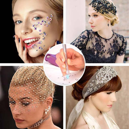 Four models wearing gem face stickers, a beaded headpiece, a sparkly net veil and a jewelled headband 7