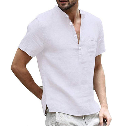 Men's Linen Shirt | V-Neck | Short Sleeves | Button Closure