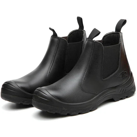 Pair of black leather pull-on boots side by side, showing elastic panels, pull tabs and sturdy treaded soles 6