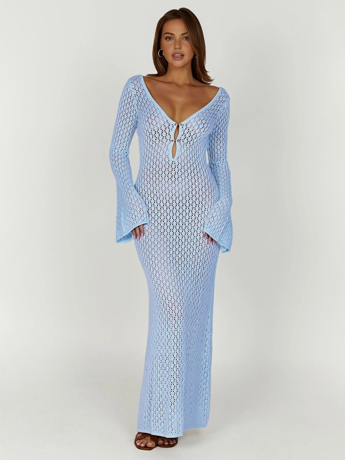 Long beach dress with a V-neck and open back – Celina