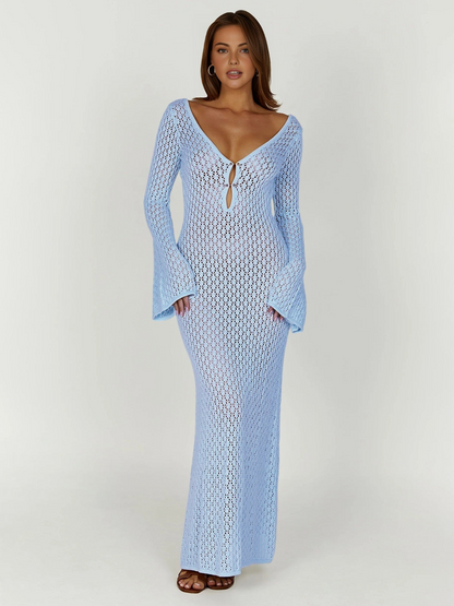 Long beach dress with a V-neck and open back – Celina